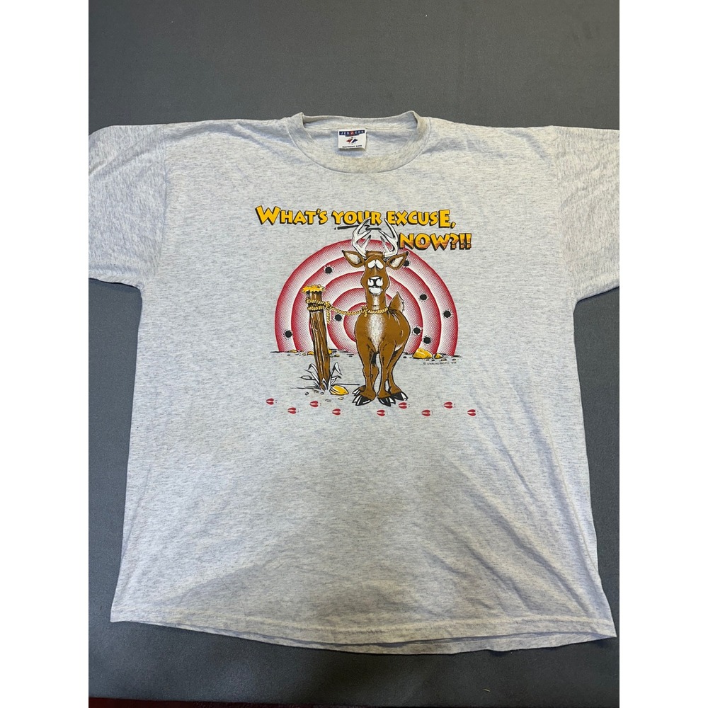 Jerzees T-Shirt Mens XL Gray Vintage 90s Hunting Deer Graphic Heavyweight Blend